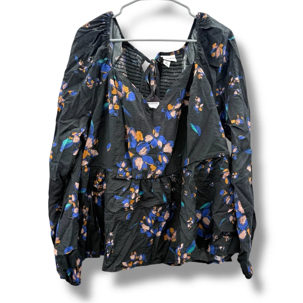 Ava & Viv‎ Black Multicolor Floral Long Sleeve Smocked Peplum Top Sz 1X NEW - Image 3