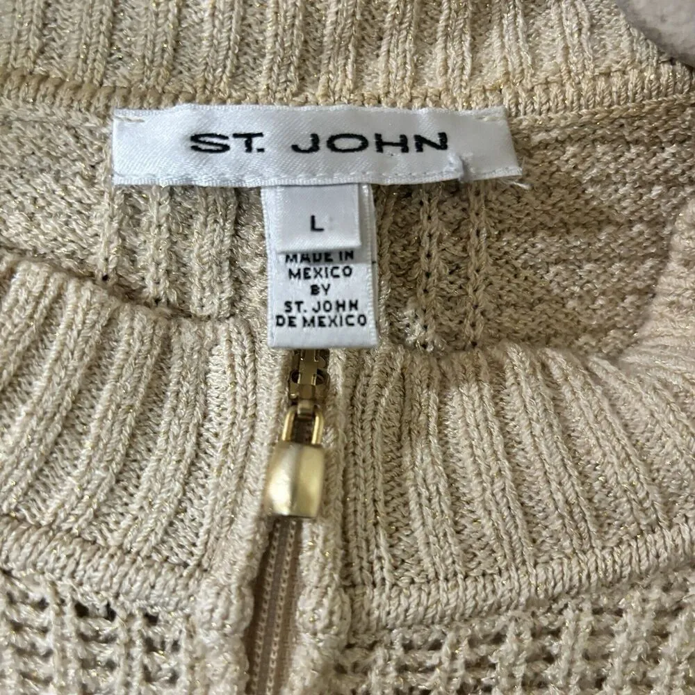 ST JOHN Cardigan Womens Large Beige Wool Blend Chunky Knit Zippered Sweater - Image 7