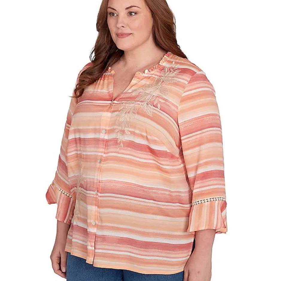 Alfred Dunner Warm Striped Floral Embroidered Size Med Long Sleeve Top Blouse Orange - Image 2