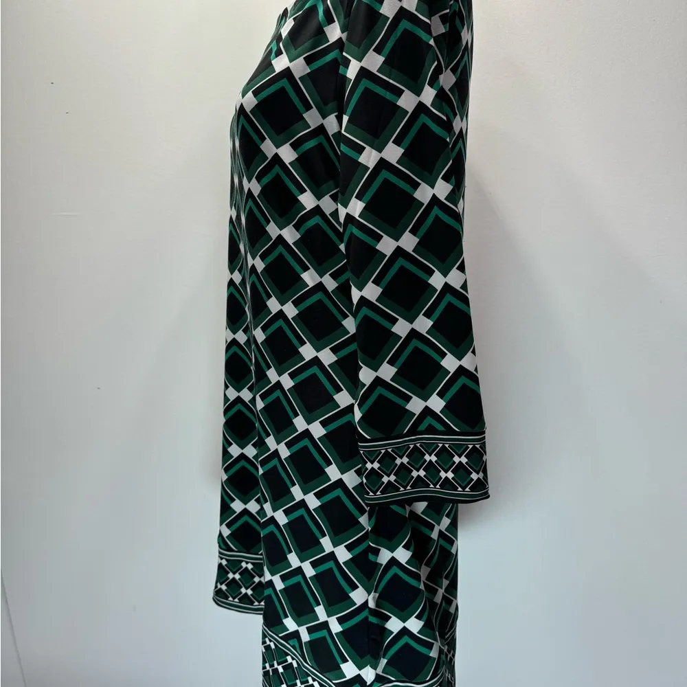 White House Black Market Black Green & Ivory Geometric Print 3/4 Sleeve Dress M - Image 8