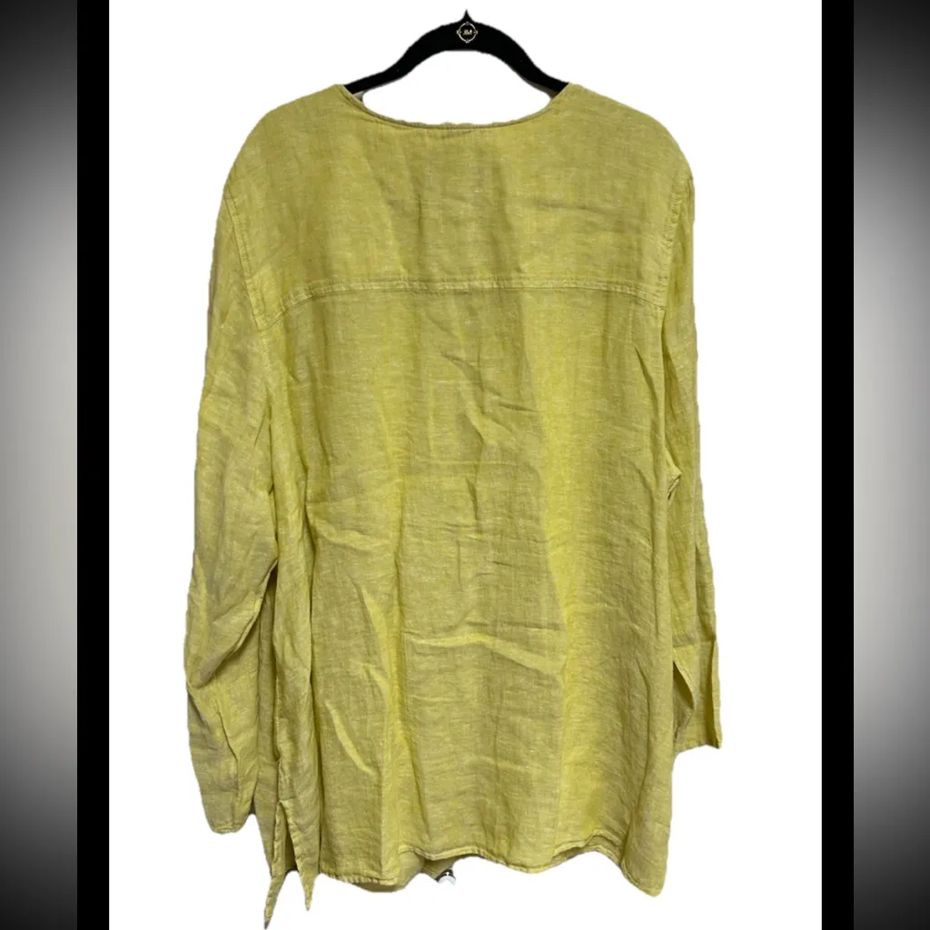 Tahari Tunic Top Blouse Plus Size 3X Yellow Linen Roll Tab Sleeves Lagenlook NWT - Image 4