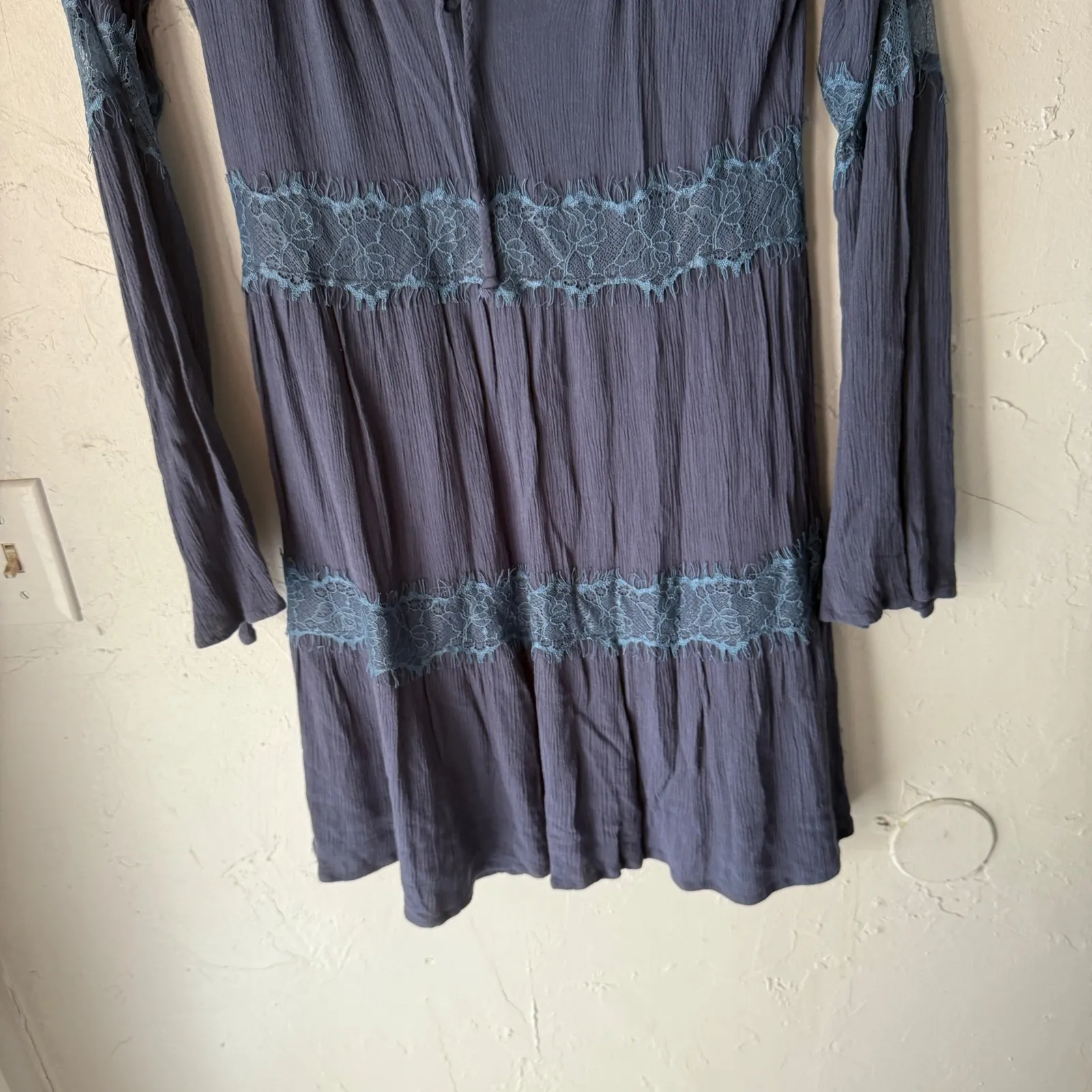 SOCIALITE Womens Navy Blue Lace Tiered Ruffle Long Sleeve Dress XS Boho Fairy - Image 6