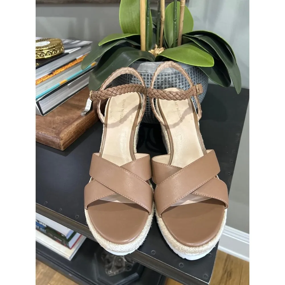 Stuart Weitzman Mykonos Espadrille Braided Leather Wedge Sandal Brown Womens  10 - Image 5