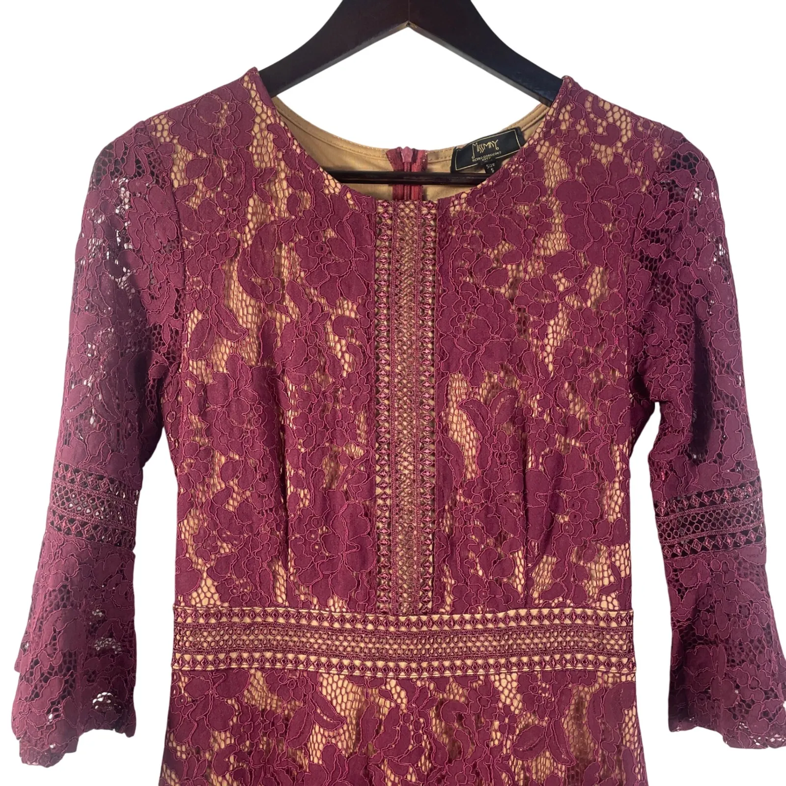 Missmay Retro Gorgeous City Burgundy Lace‎ Maxi Dress Women's S Evening Wedding Tan - Image 2
