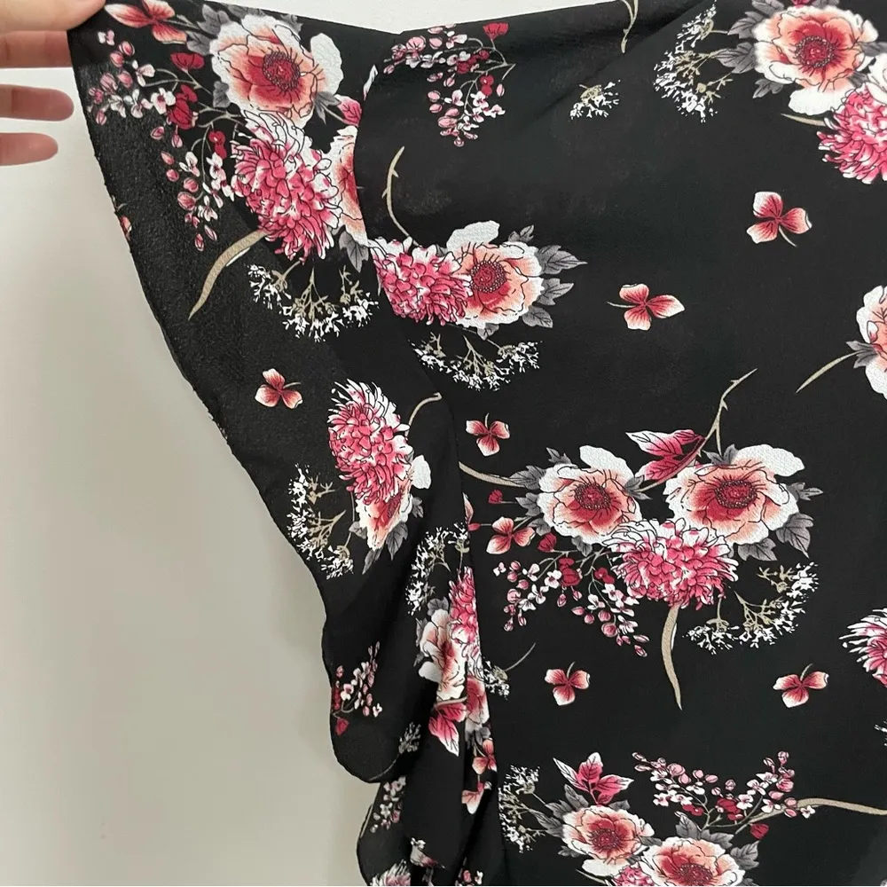 Kimono Cardigan Floral Ruffle Sleeves Lightweight Romantic Black Red Pink Grey Size 1X - Image 3
