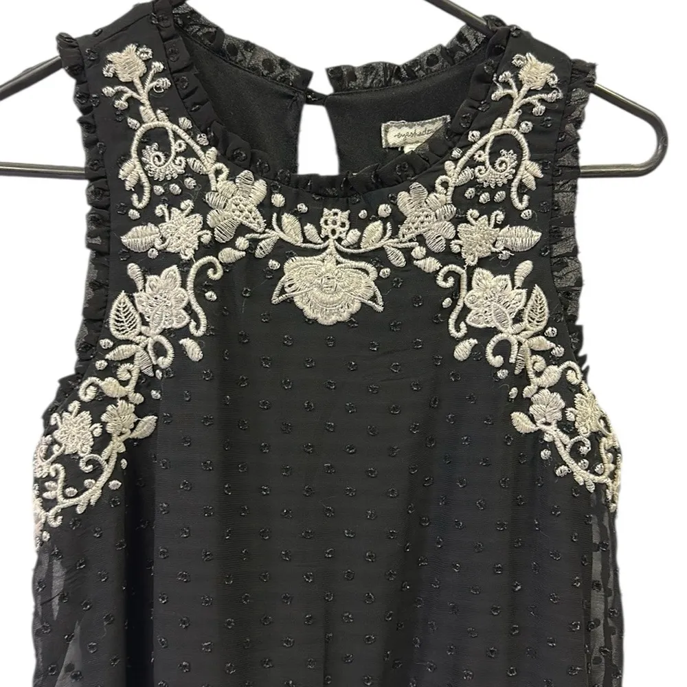 Eyeshadow Swiss Dot Black Floral Embroidered Sleeveless Sheer Overlay Top Size S - Image 9