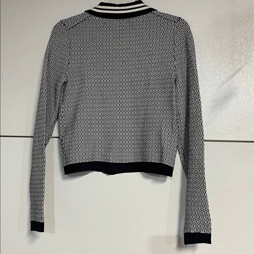 MAEVE ANTHROPOLOGIE WOMENS PLUNGING POLO CARDIGAN BLACK WHITE GEOMETRIC NWT XS - Image 6
