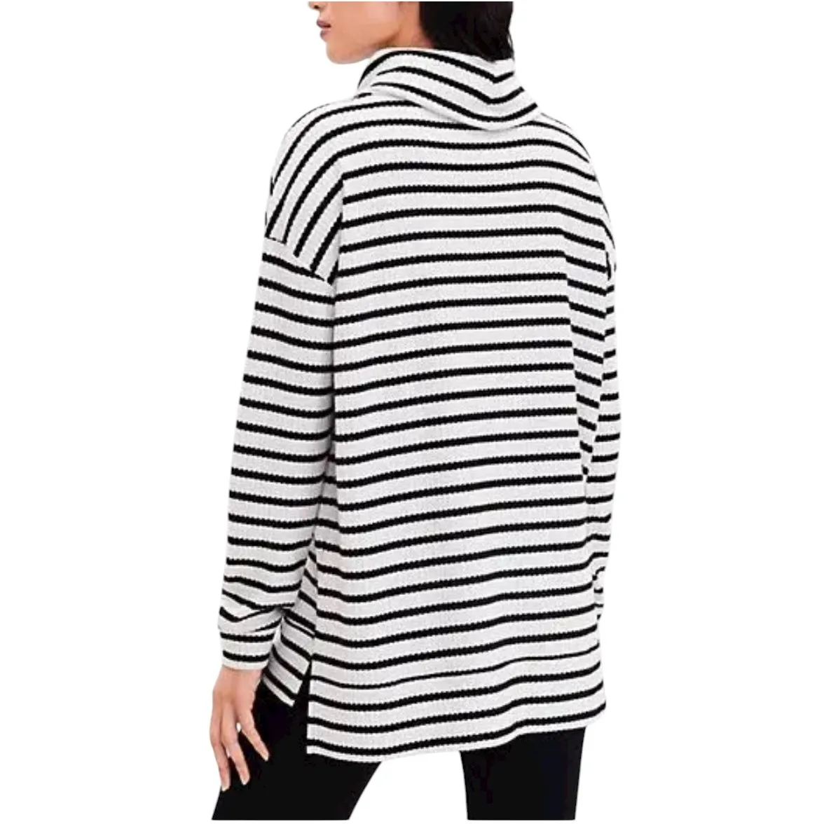 Lou & Grey Striped Cowl Neck Tunic Sweater Waffle Knit Women Size XL Black White - Image 2