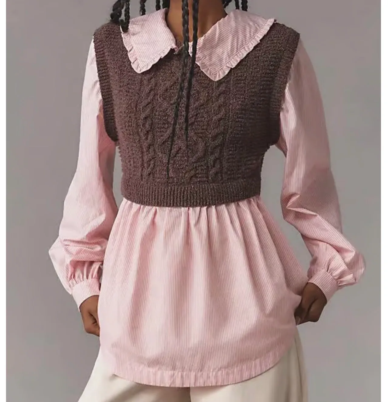 Anthropologie Maeve Layered Sweater Vest Top Medium Women Brown Pink Poplin Knit - Image 9