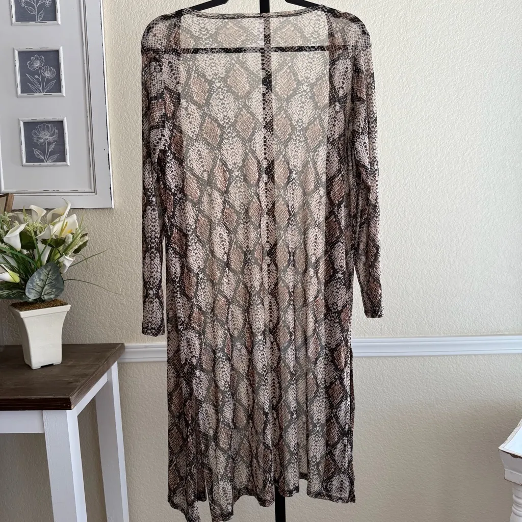 Snake Print Long Cardigan Kimono Lightweight Sheer Duster Open Front Oversized Brown Size M - Image 2