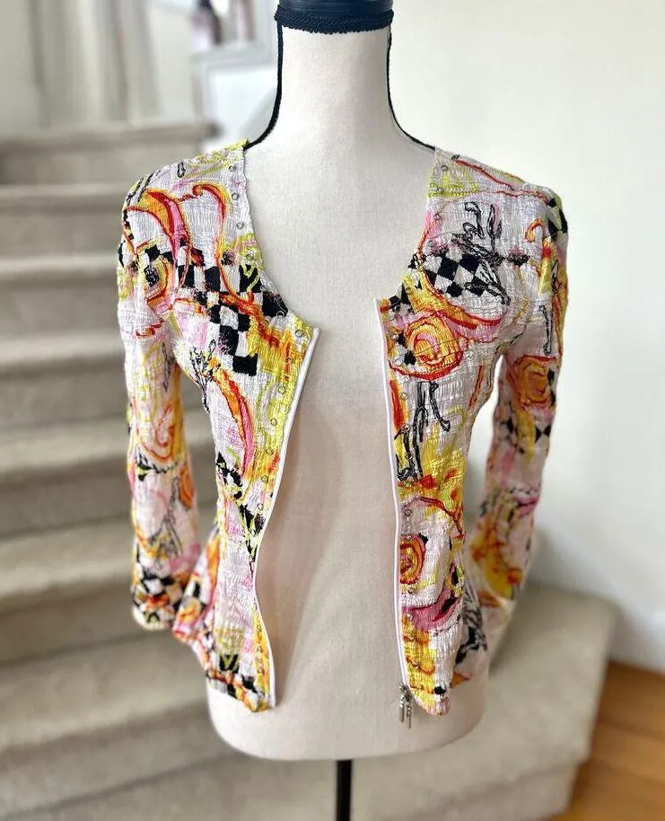 Alberto Makali Mixed Media Yellow Pink Harlequin Zip Up Sequin Cardigan - Image 2