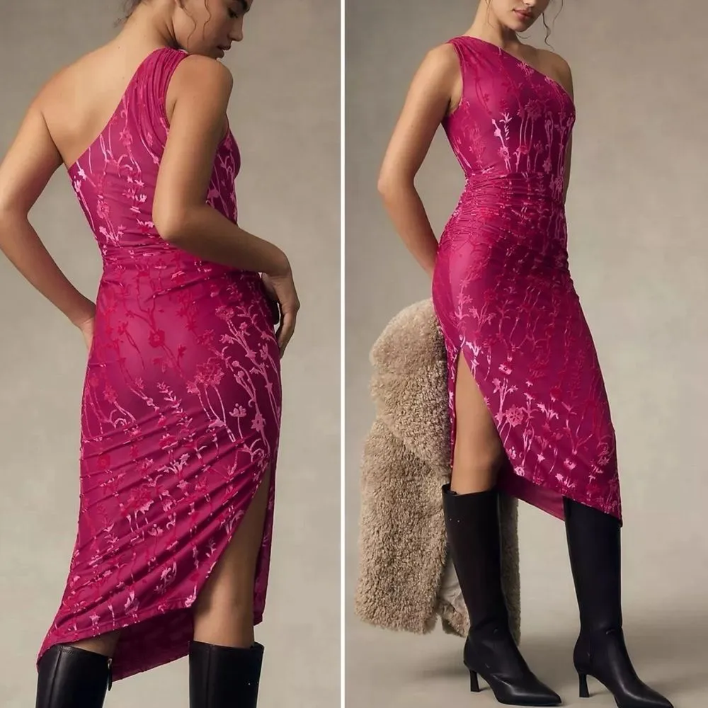 Hutch One Shoulder Asymmetrical Midi Dress Size XL Pink Floral Velvet Burnout - Image 2