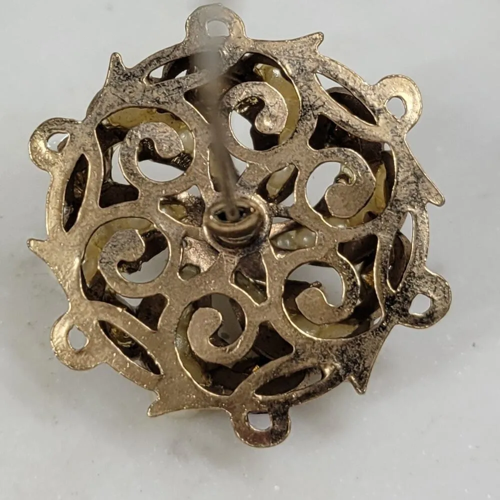 Antique Rhinestone Seed Pearl Hat Pin 4" Metallic Blue Golden Flower Lapel Stick Gold - Image 13