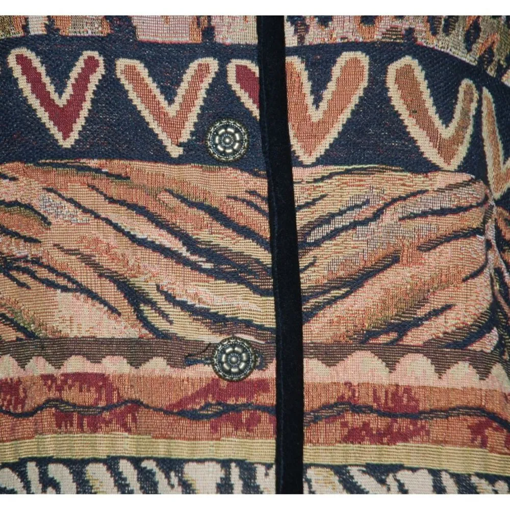 Stonebridge Brown Tapestry Button Up Jacket Size L Animal Print Velvet Trim Size L - Image 3