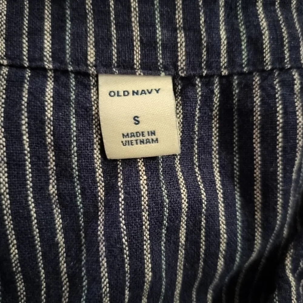 Old Navy Size S Linen Blend Dress Button Front Midi Pockets Navy Blue Striped - Image 3