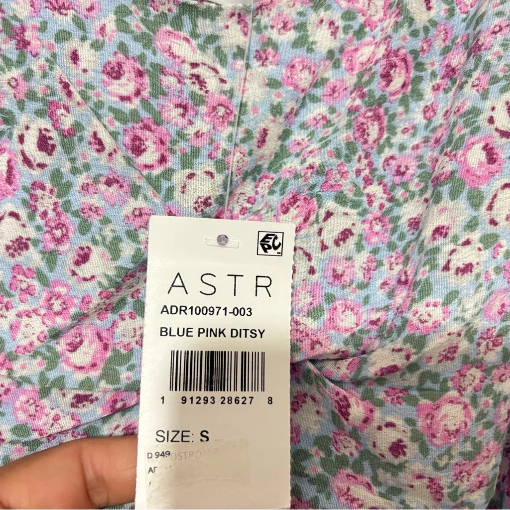 ASTR the Label Rushed Off Shoulder Blue Pink Ditsy Mini Floral Dress Size S - Image 7
