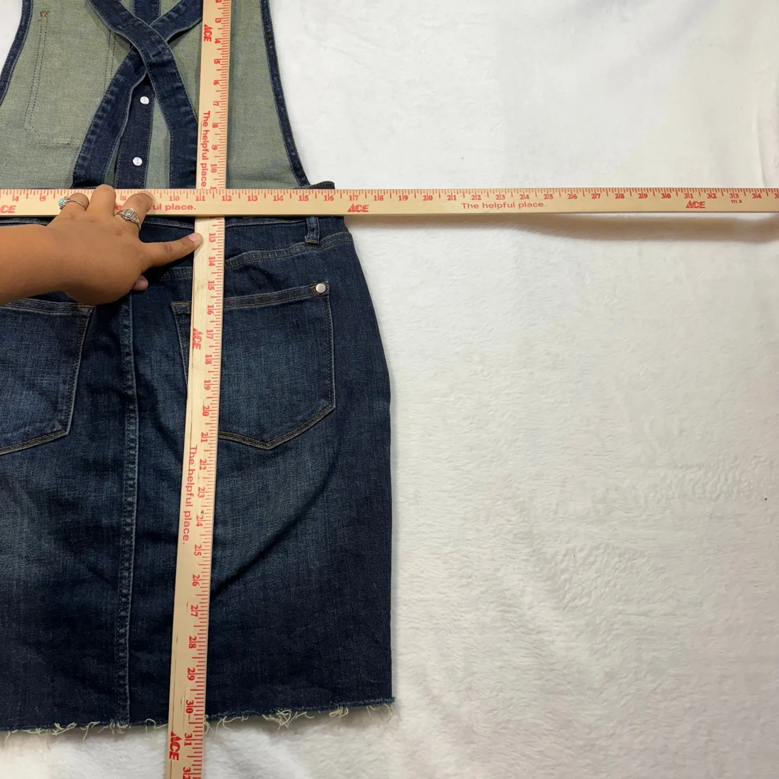 Judy Blue XL Dark Wash Denim Overall Mini Dress Buttoned Raw Hem Stretch‎ Cute - Image 11