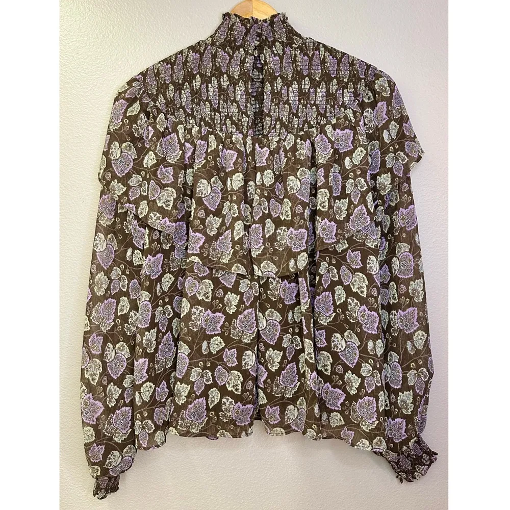 NWT Cinq a Sept Drew Leaf Print Smocked Ruffled Blouse Top Cacao Multi Brown Size M - Image 5