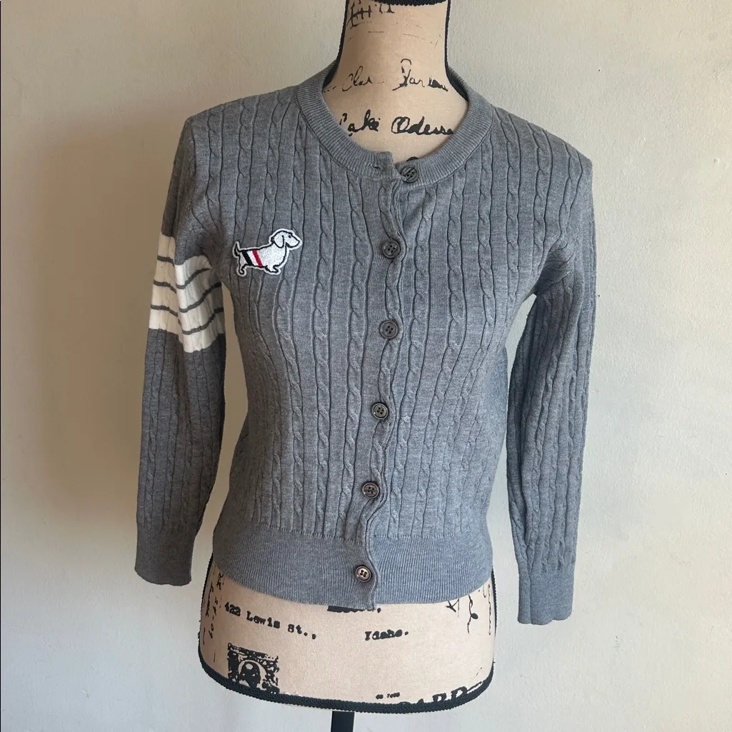 THOM BROWNE New York Preppy Embroidered Dog Grey Cardigan Size XS Gray - Image 7