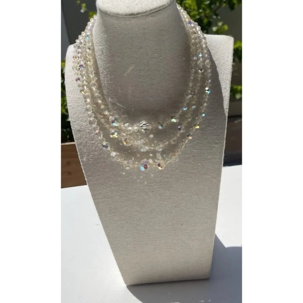 Vintage 3 Strand AB Aurora Borealis Crystal Faceted Beads Style Necklace 15.5” White - Image 3