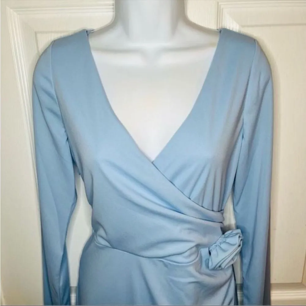 WAYF Long Sleeve Faux Wrap Surplice Front Dress Rosette Powder Blue M NWT - Image 8