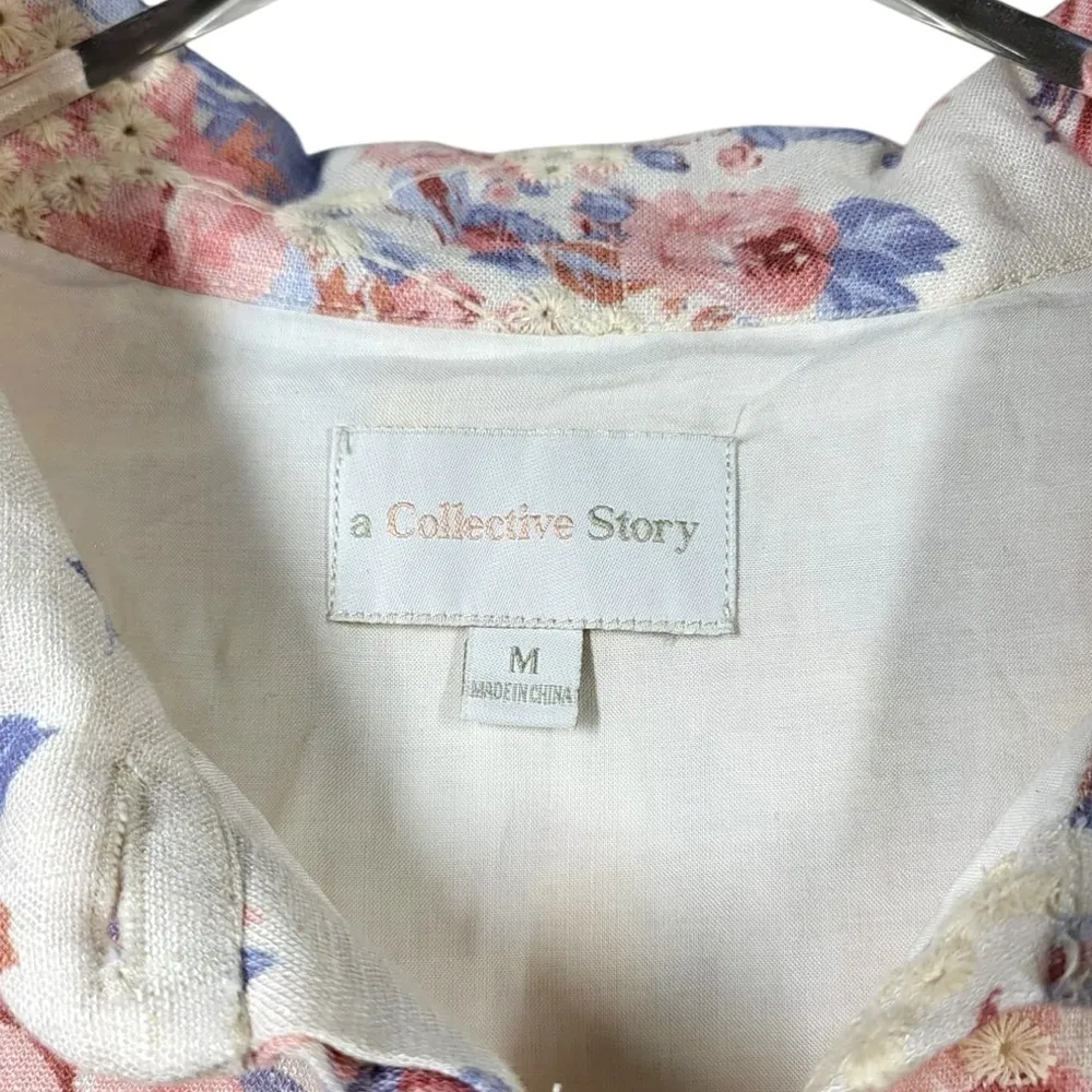 NWT A Collective Story Linen Blend Floral Print Eyelet Romper in Ivory/Pink Pink Size M - Image 4