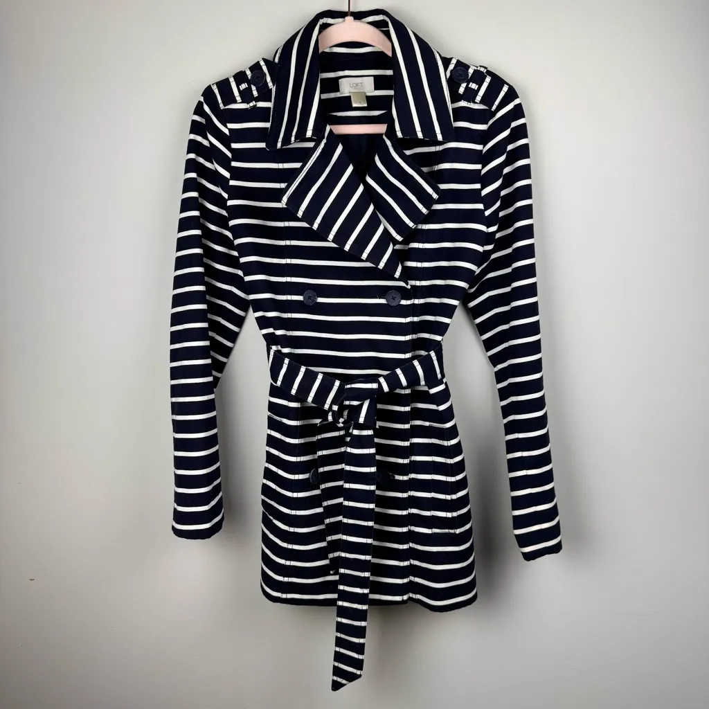 The Loft Double Breasted Navy Blue & White Sz Small Belted‎ Trench Coat - Image 15