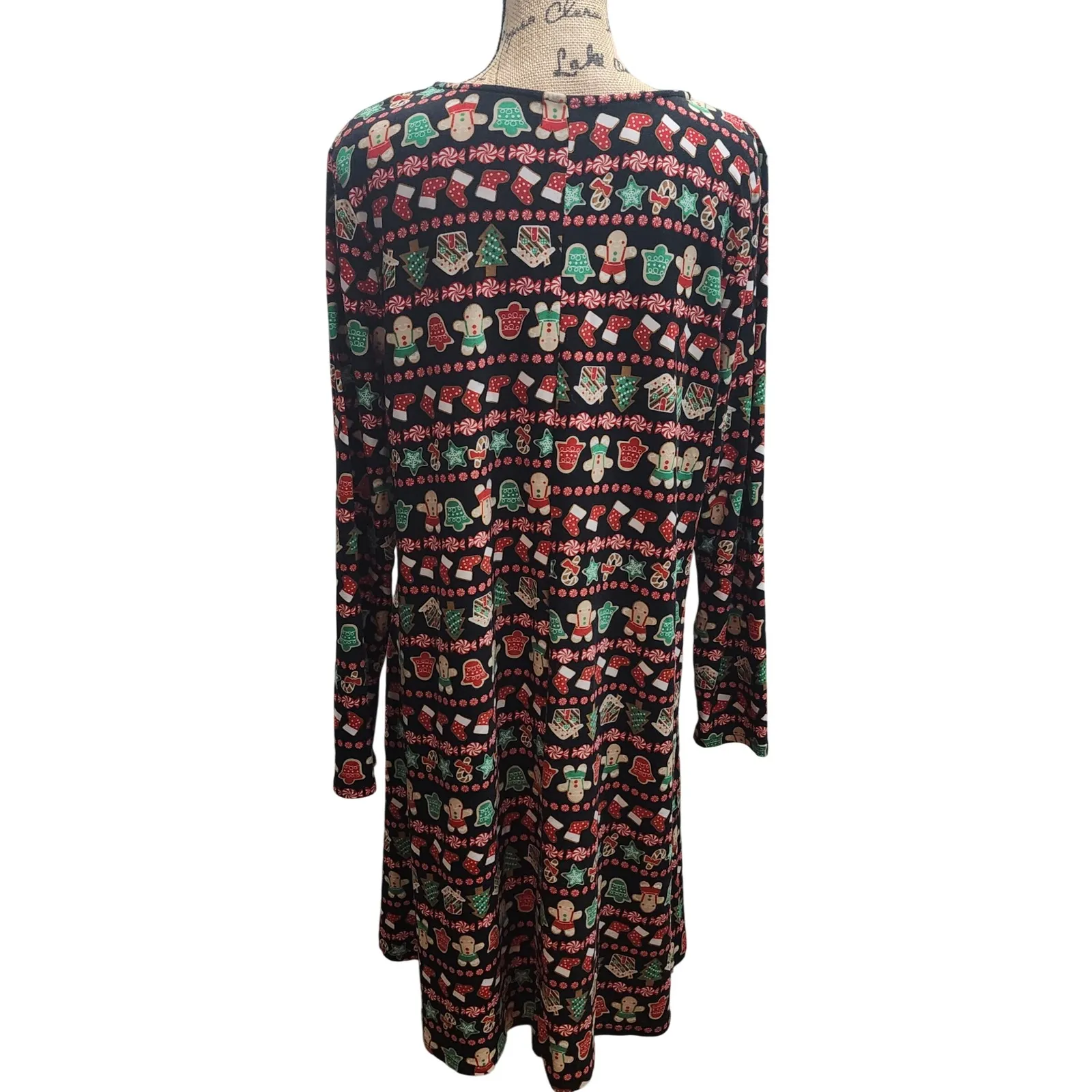 Joyland Women's‎ XL Long Sleeve Christmas Gingerbread Cookie Candy Print Dress Black - Image 3