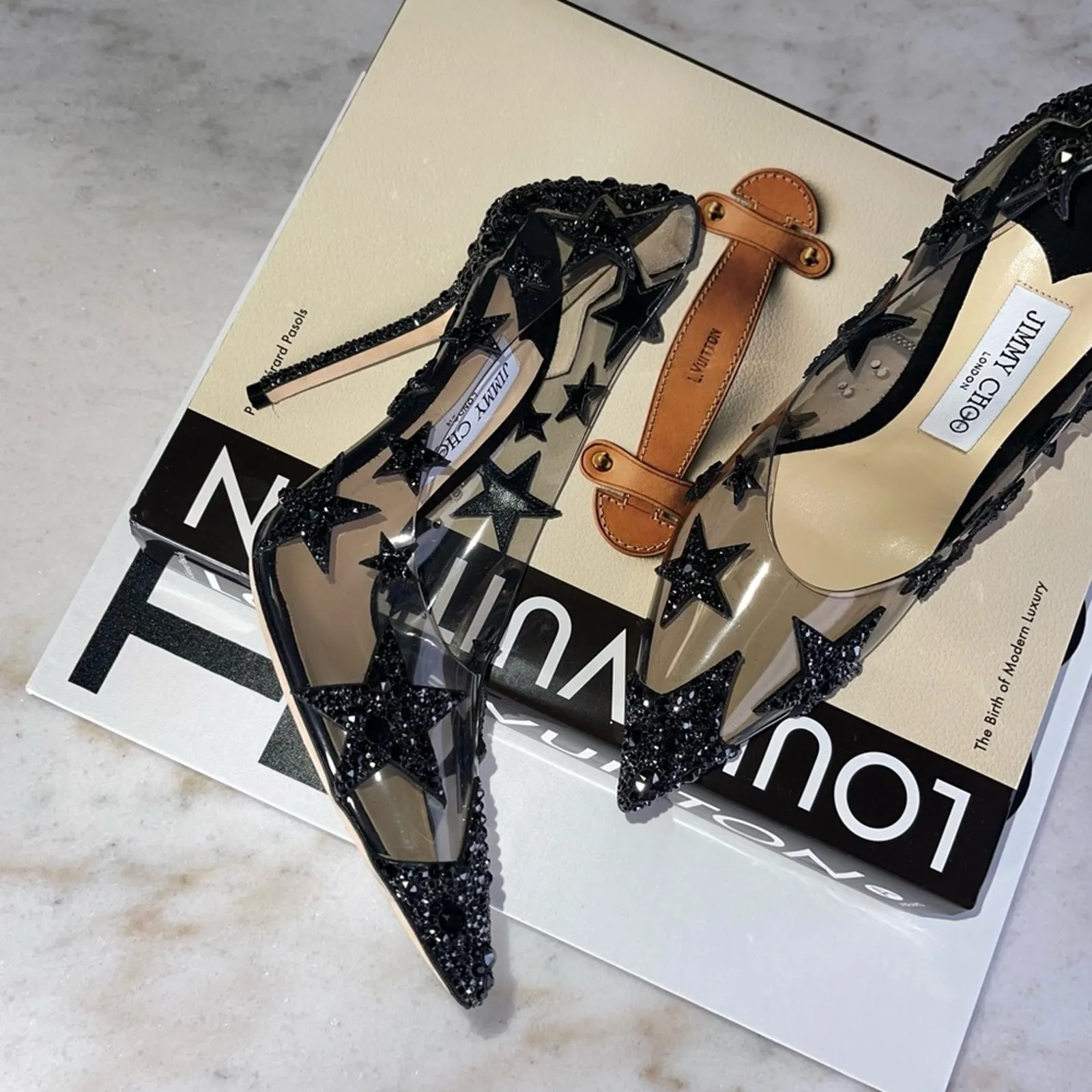 New Jimmy Choo Lisha 100 Black Smoke Mix Plexi Star Patchwork Pumps w Crystals - Image 6