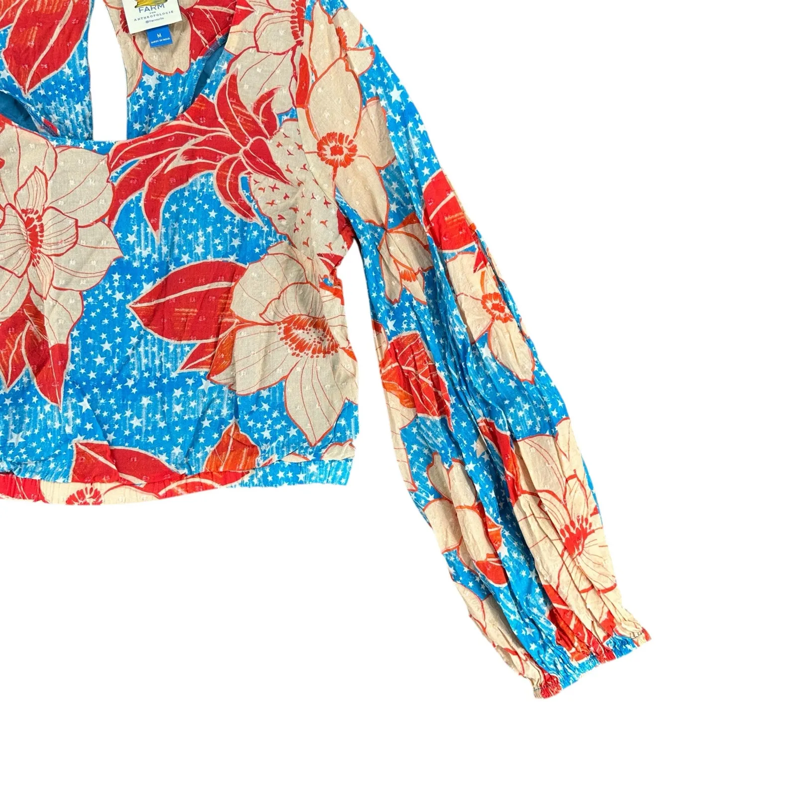 Farm Rio Anthropologie Colorful Floral Crop Top Long Balloon Sleeves Medium - Image 4