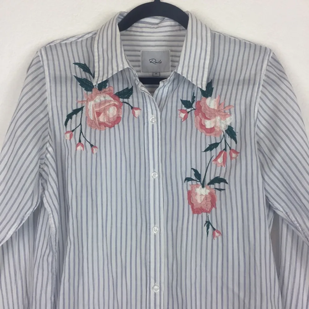 Rails Nevin Embroidered Floral Stripe Button Down Blouse Medium - Image 3