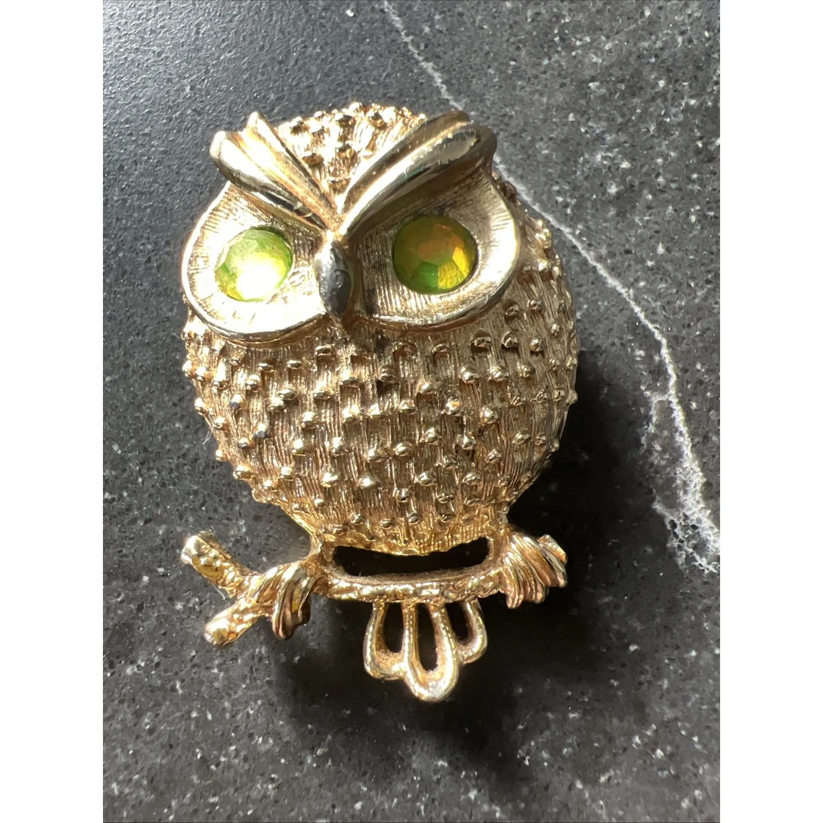 VTG 70s Owl Pin Brooch SARAH COVENTRY Gold Neon Green Rhinestones Bird Signed - Image 5