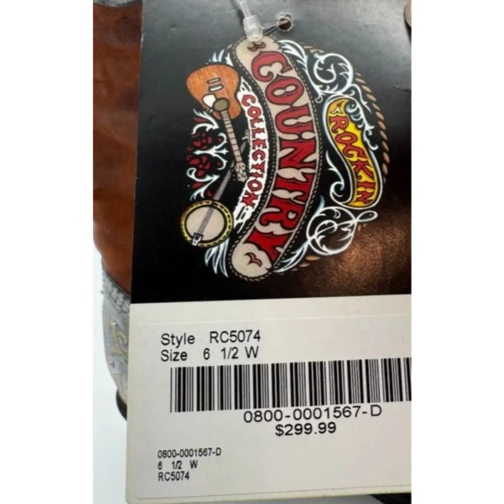 Rockin Country Cowboy Boots Cowgirl Brown Blue Leather Embroidered Women's 6.5 W - Image 8