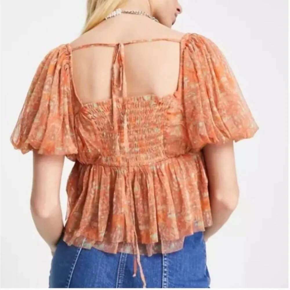 Free People Penelope Printed Smocked Peplum Top Orange Size L - Image 2