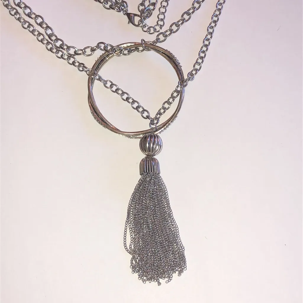 Chic Silver Tone Chunky Pendant Multi Strand Boho Tassel Necklace - Image 2