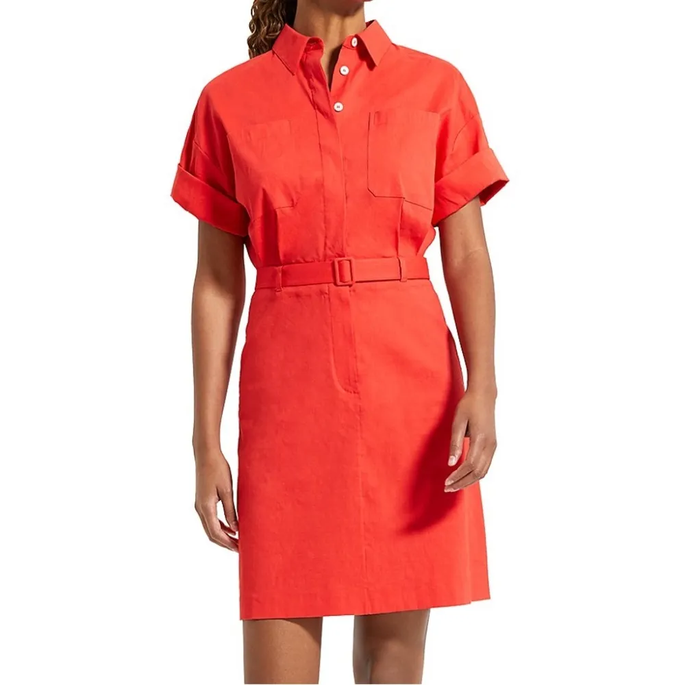 Theory Linen-Blend Eco Crunch Belted Casual Shirt Dress Poppy Red, NWT, Size 4 - Image 9