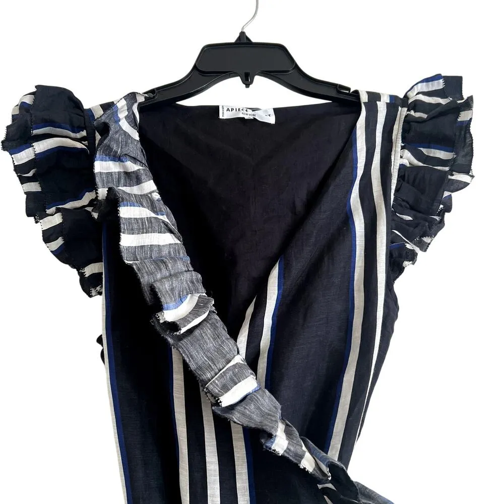 Apiece Apart Costa Del Sol Wrap Dress Blue White Size 10 UB - Image 7