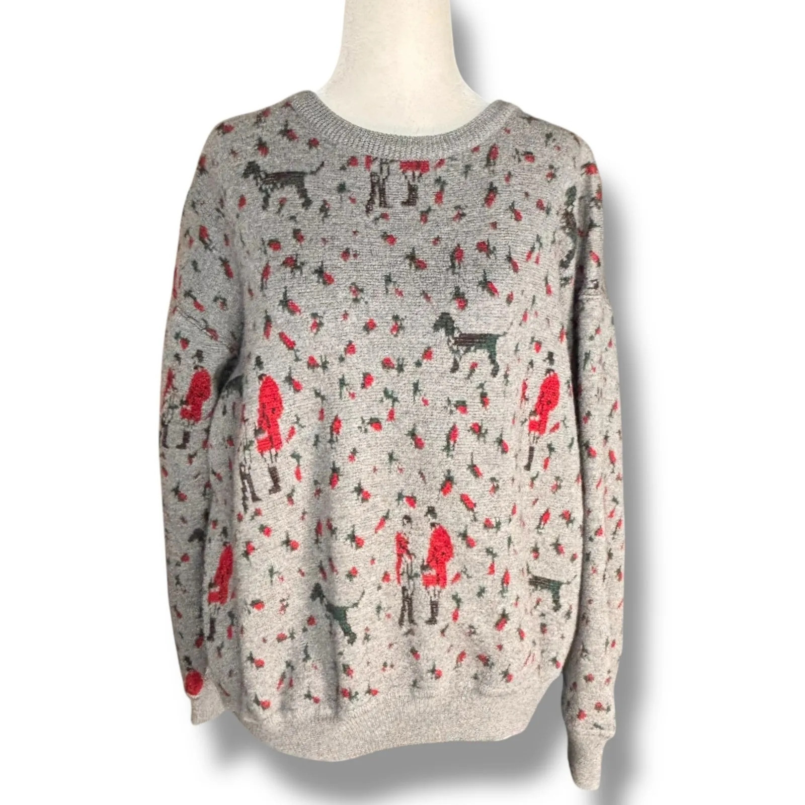 90s Grey Knit Sweater Hunting Scene Dog Animal Print Floral Roses Crew Neck Knit Gray Size L - Image 8