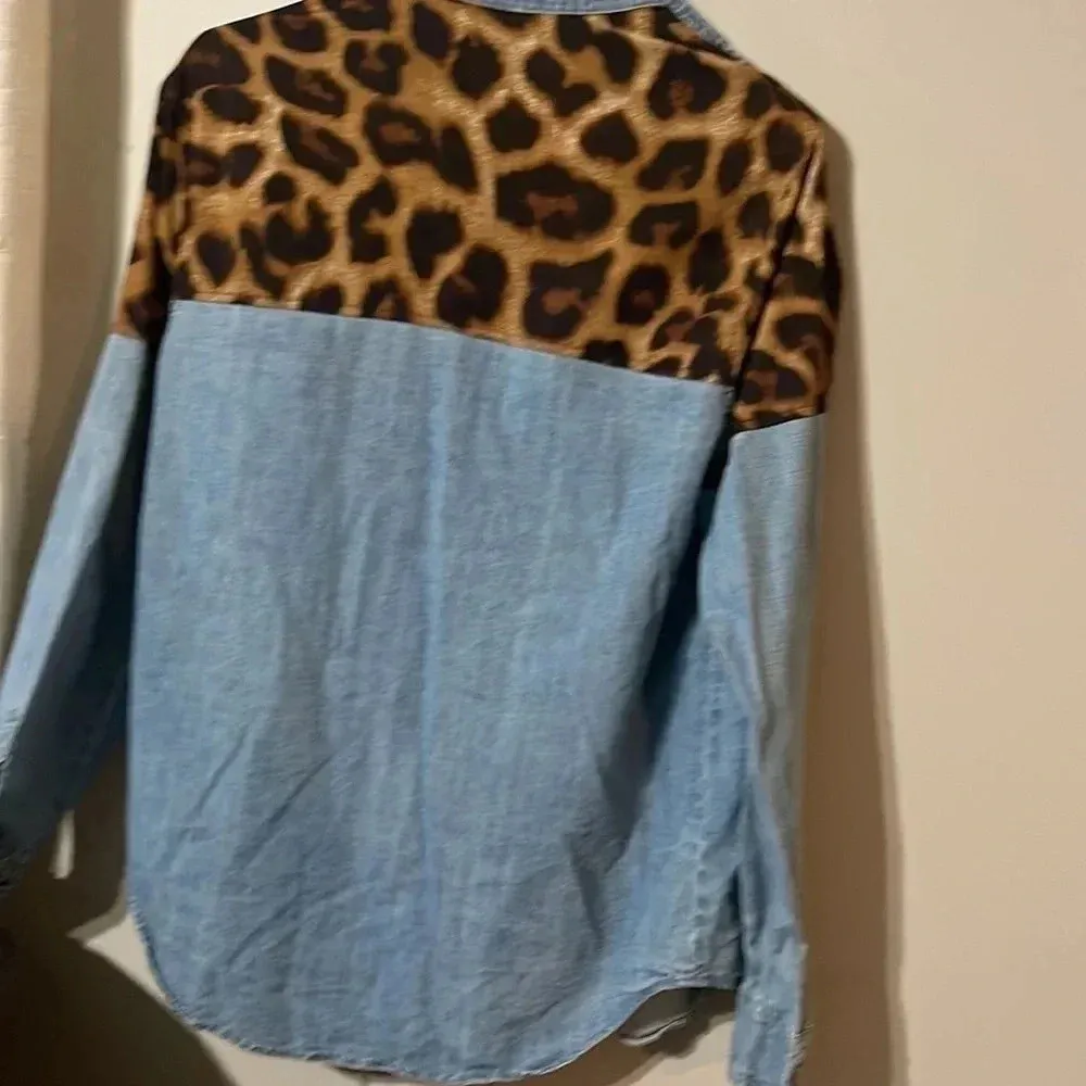 Washed Denim Button Down Shirt with Leopard Cheetah Contrast Blue - Image 15