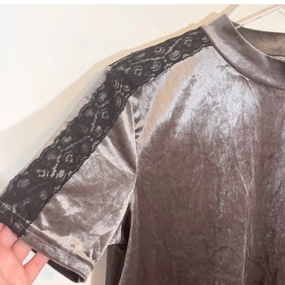 ZARA TRAFALUC GRAY VELOUR BLACK LACE MOCK NECK PULLOVER SHORT SLEEVE TOP S - Image 6