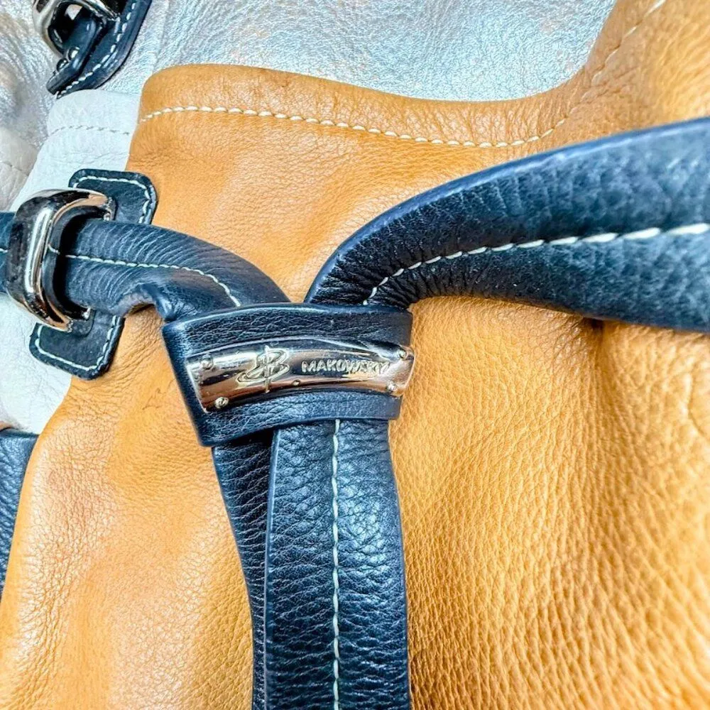 Vintage B. Makowsky Colorblock Leather Satchel Bag in Black Tan Cream & Silver - Image 10