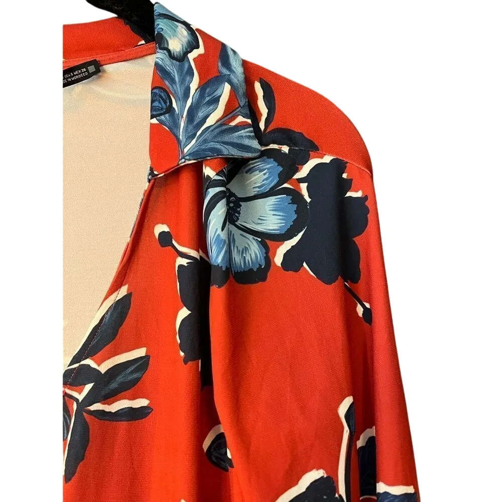 Orange & Blue Floral Long Sleeve Dress V Neck‎ Button Front Casual Summer E24 - Image 4