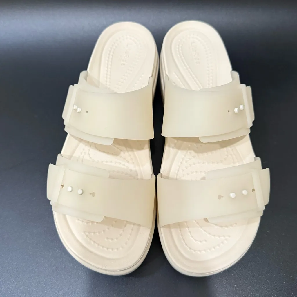 CROCS Beige Sandstone Brooklyn Buckle Frosted Low Wedge Sandals Women’s Size 8 - Image 3