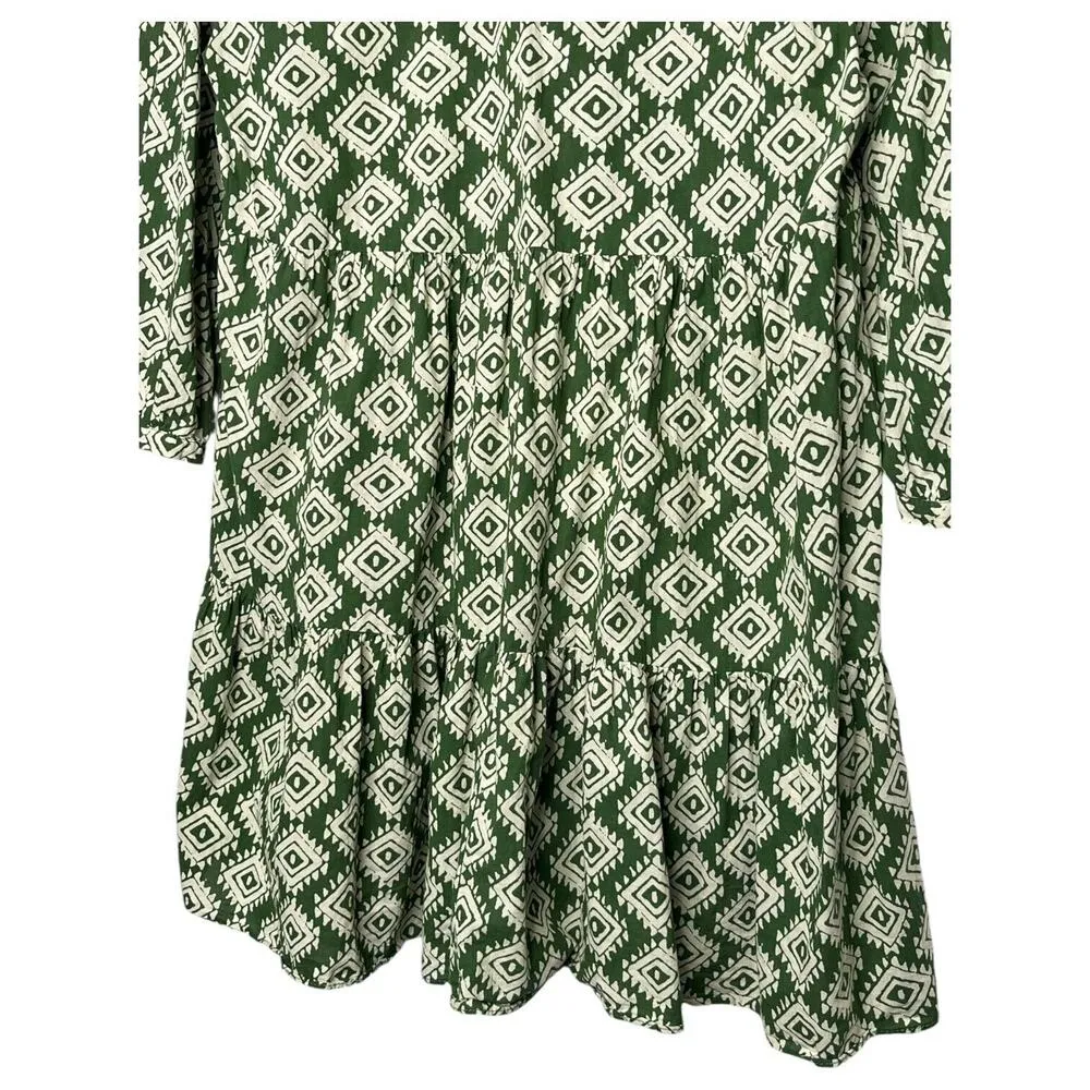 Zara Dress Womens M Mini Cadie Geometric Print Boho Tiered Pleated Tie Green - Image 12
