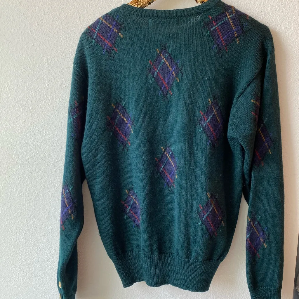Vintage JH Collectibles Wool Sweater | Gold Crest Buttons | Tartan Argyle | Green Size M - Image 6