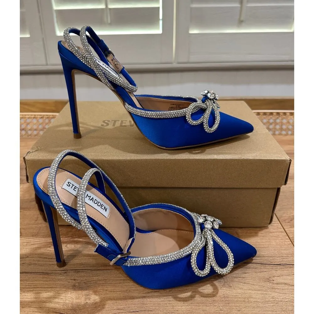 Steve Madden Viable Heels Cobalt Blue Rhinestones Bow Design Size 6.5 NIB Dressy - Image 2