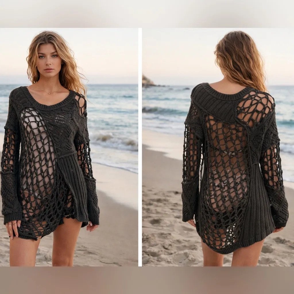 ALLSAINTS Hand Crochet Open-Knit Sweater Dress UK 12 US 8 Linen Cotton Boho - Image 2