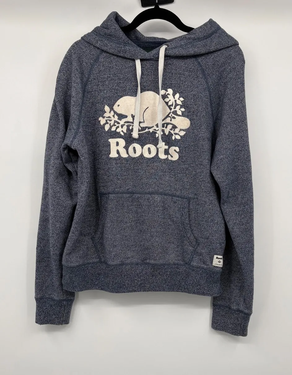 Roots Beaver Logo Hoodie Sweatshirt Blue Heathered Sleeve Pullover Women M - Image 1