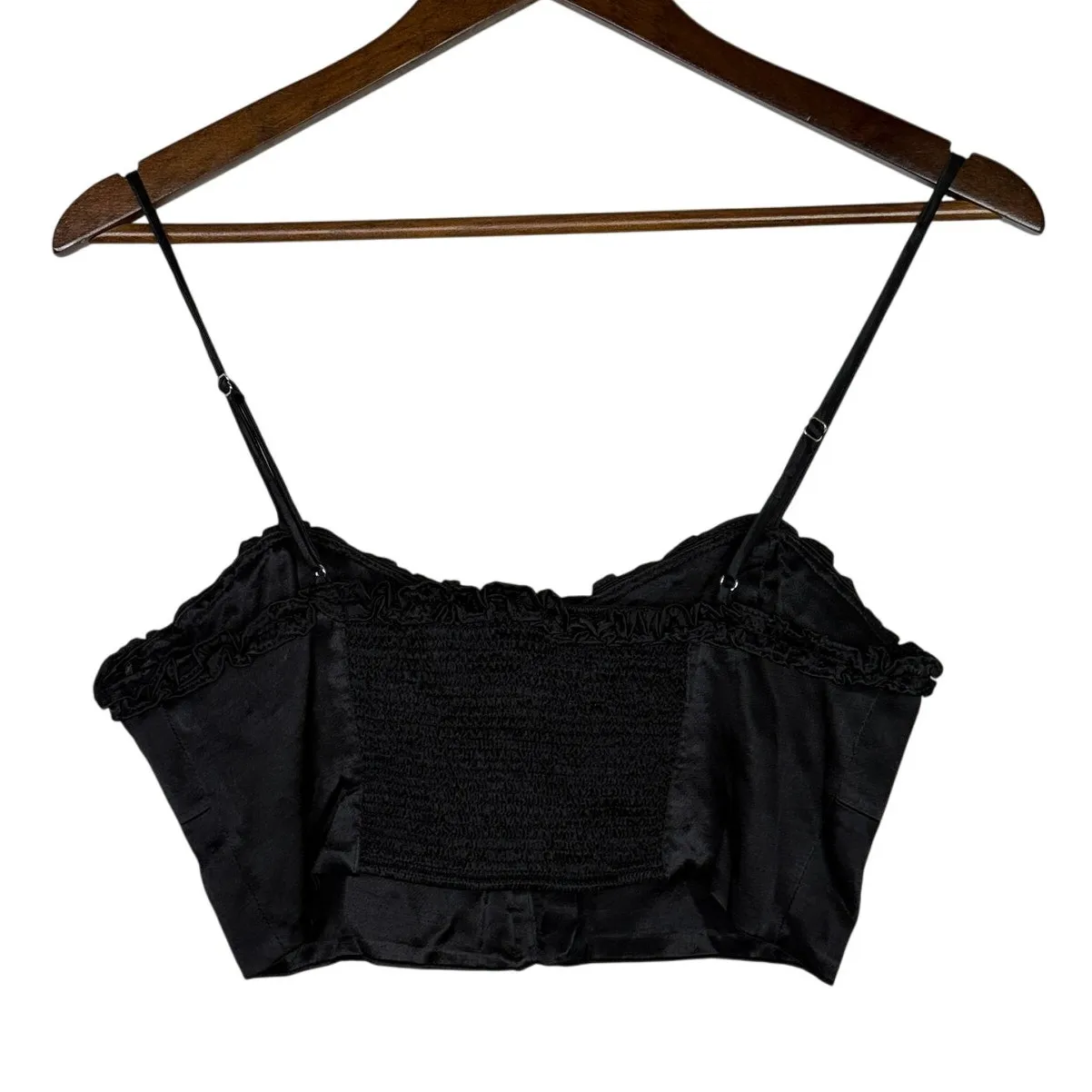 Zara Ruffled Satin Crop Top Adjustable Straps Front Buttons Smocked Back M Black - Image 4
