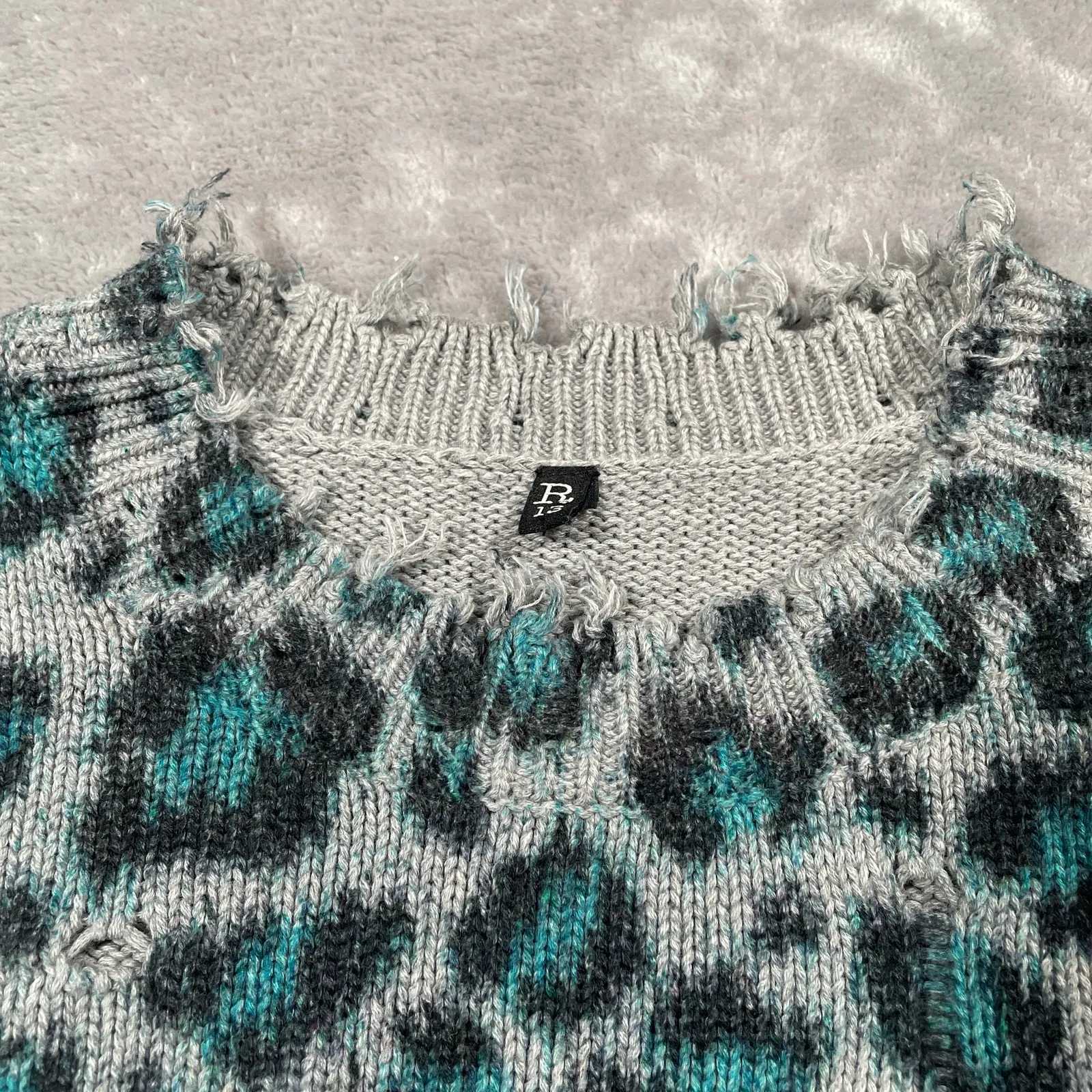 R13 Sweater Womens XXS Grey Blue Leopard Oversized Distressed Indie Boho Luxury - Image 6